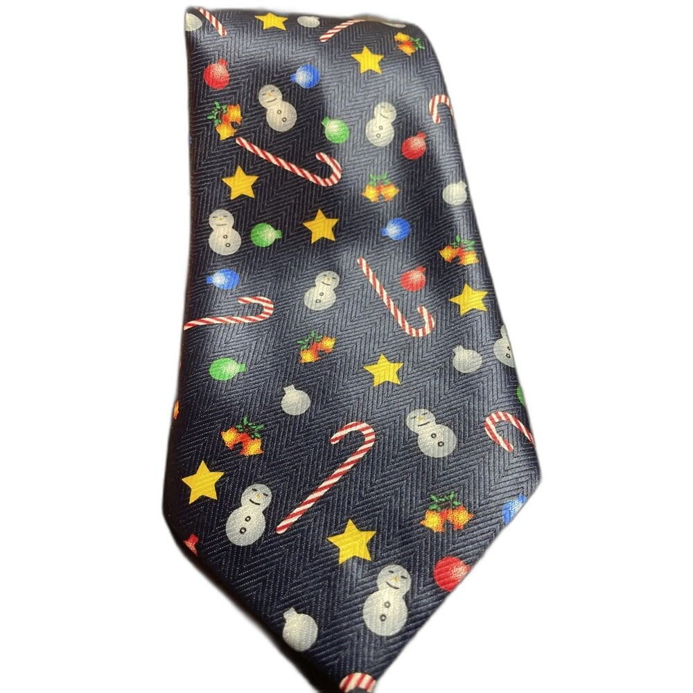 Vintage 1950s Novelty Christmas Tie Joke Blue Tan Printed Silk? Cotton? USA